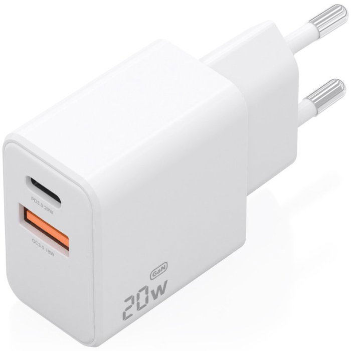 Aisens Cargador GaN 20W con USB-C PD 3.0 y USB-A QC 3.0, Blanco